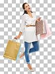 A Woman with shopping bag, retail and customer in portrait with store sale and Shopping, discount and bargain with fashion and clothes, designer brand and happy woman isolated on a png background