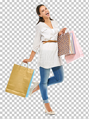 Buy stock photo Shopping bag, portrait and excited woman isolated on transparent, png background for retail, discount and sales promotion. Happy customer, person or fashion model with wow for bags, clothes or wealth