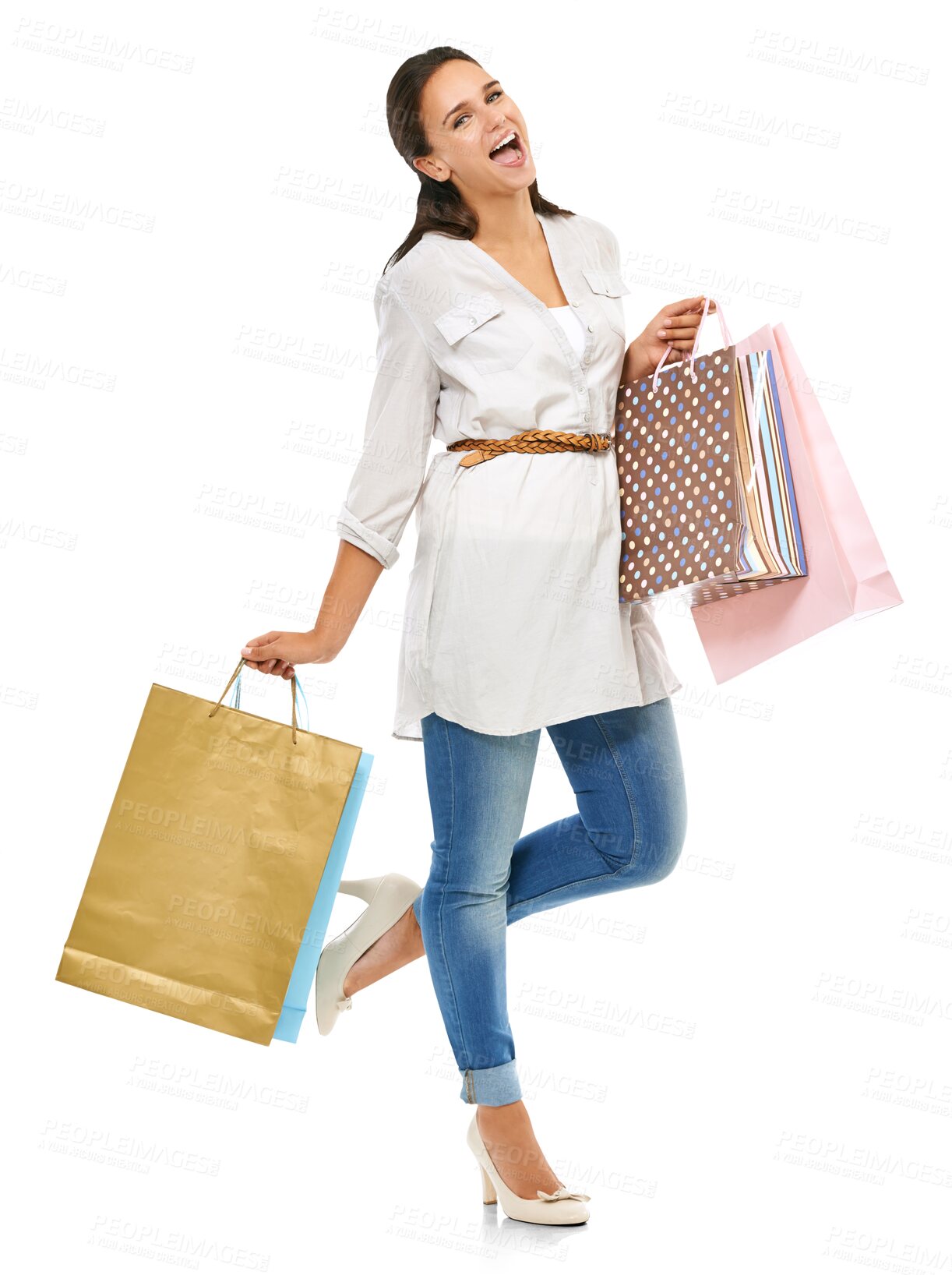 Buy stock photo Shopping bag, portrait and excited woman isolated on transparent, png background for retail, discount and sales promotion. Happy customer, person or fashion model with wow for bags, clothes or wealth