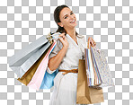 A Woman with shopping bag, retail and fashion portrait, store sale and Shopping, discount and promotion with clothes, designer brand and happy customer and paper bag isolated on a png background