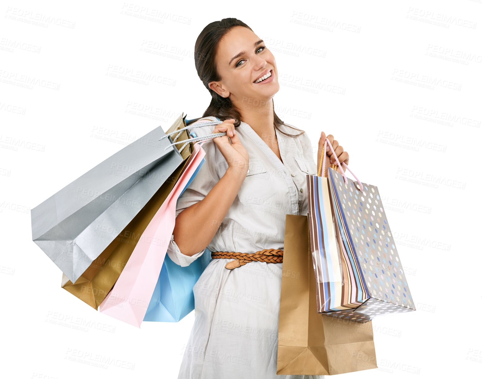 Buy stock photo Shopping bags, happy woman and portrait isolated on transparent, png background for retail, discount and promo deal. Customer, person or fashion model with casual clothes, paper bags and spring sale