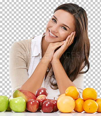 Buy stock photo Happy, health and portrait of woman with fruit on isolated, png and transparent background. Vegan, healthy eating and face of girl with apples, oranges and organic snack for diet, detox and wellness