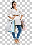 A Portrait, shopping or sale with a woman customer for retail. Fashion, deal and sales with an attractive young female consumer or shopper looking for a bargain isolated on a png background