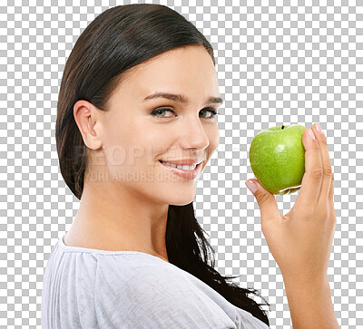 Apple, health and portrait of a woman with fruit for diet. Food, nutrition and happy model with fruits for vegan lifestyle, eating healthy and vitamin isolated on a png background