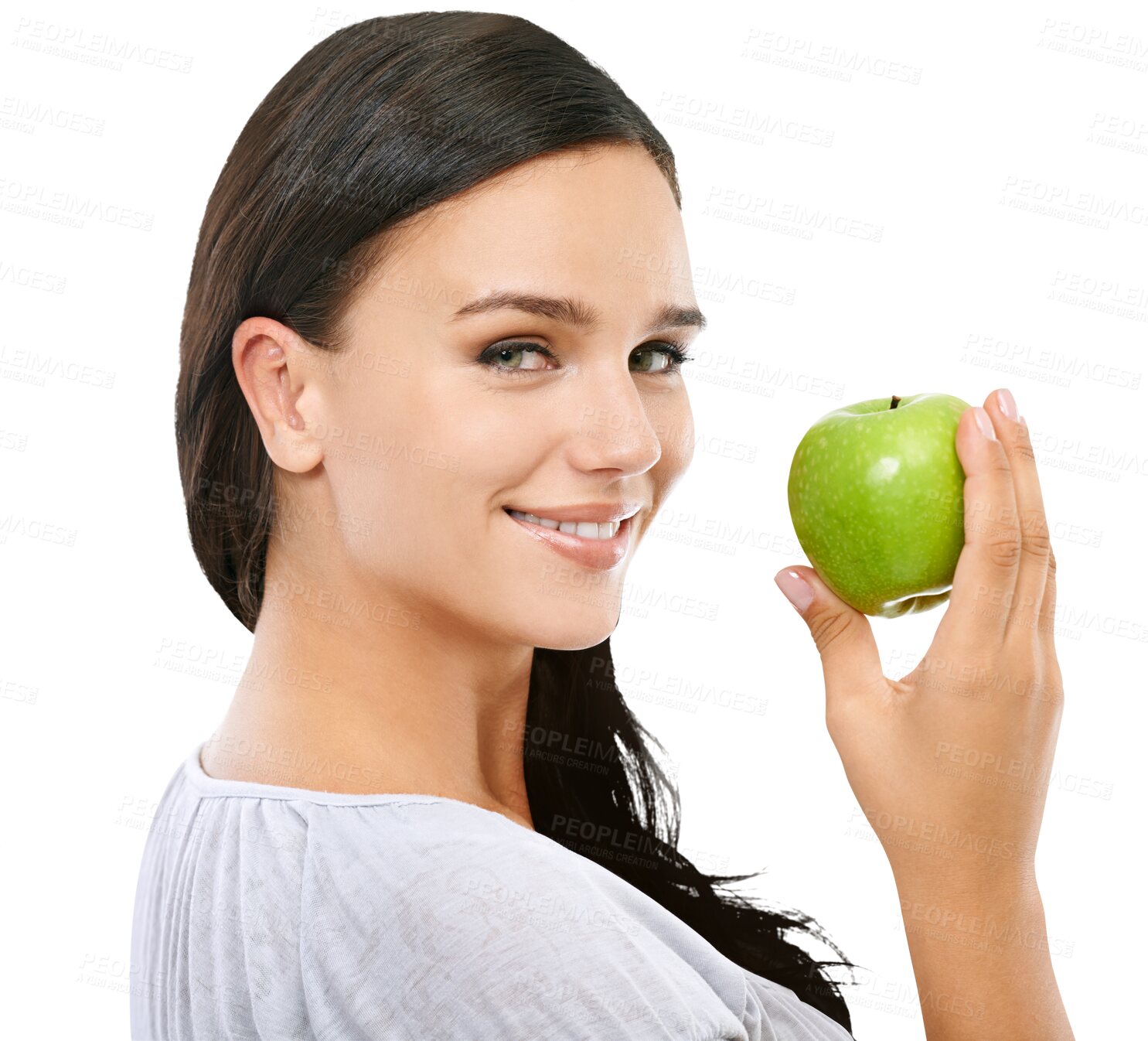 Buy stock photo Wellness, health and portrait of woman with apple on isolated, png and transparent background. Vegan, healthy eating and face of girl with food, fruits and organic snack for diet, detox and vitamin