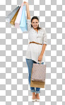 Portrait, shopping and retail with a woman customer in studio isolated on png background for sales. Mall, market and fashion with a female consumer posing in celebration or a deal or sale