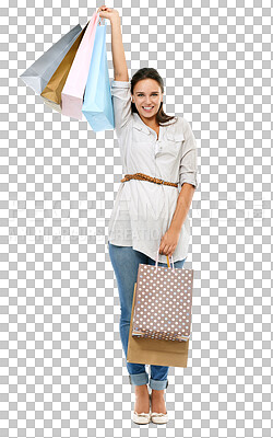 Buy stock photo Shopping bag, celebration and woman portrait isolated on transparent, png background for retail, discount or winning. Customer, happy person or fashion model celebrate, clothes and financial freedom