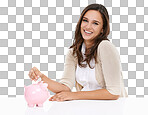 Money bank, savings and portrait of woman happy about saving, banking and investment for future. Female with a smile for budget, security and coins in pig container isolated on a png background