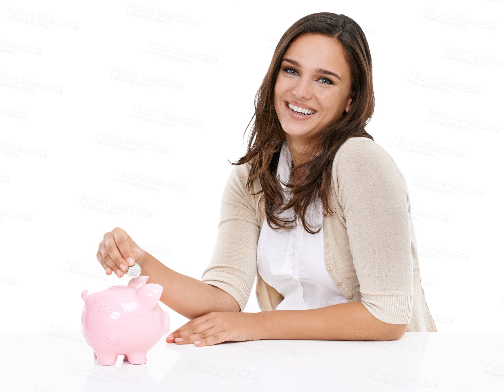 Buy stock photo Piggy bank, coins and portrait of woman isolated on transparent, png background for savings, investment and finance. Happy young person with budget, financial management and money safe or security