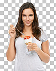 A Portrait, diet and nutrition with a woman in while eating muesli for weightloss. Breakfast, health and food with a beautiful female enjoying a snack isolated on a png background