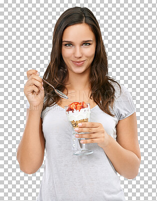 A Portrait, diet and nutrition with a woman in while eating muesli for weightloss. Breakfast, health and food with a beautiful female enjoying a snack isolated on a png background