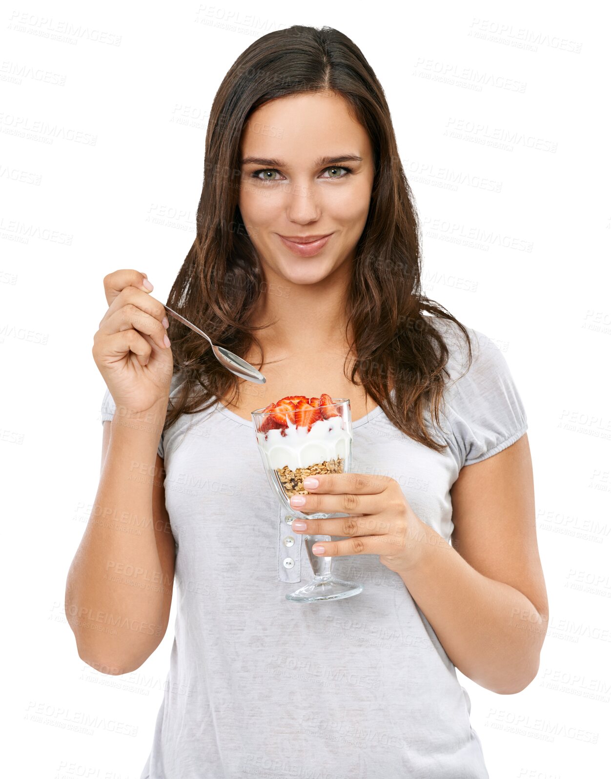 Buy stock photo Breakfast, health and portrait of woman on png for nutrition, morning and diet. Happy, weight loss and fiber with female eating muesli and isolated on transparent background for snack, food and fruit