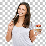 A Woman, portrait and eating dessert food with strawberry fruit and yogurt for breakfast or healthy snack. Face of a female model for nutrion, diet and wellness isolated on a png background