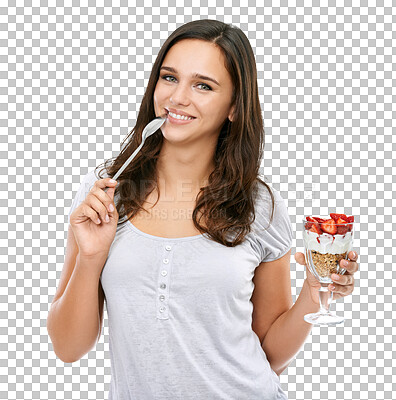 Buy stock photo Portrait, smile and woman with dessert, healthy snack and cheerful lady isolated against a transparent background. Face, female person or model with strawberry, yogurt breakfast or nutrition with png