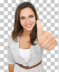 Woman, thumbs up and happiness portrait of a model solated on png background. Success, thank you and winner hand sign with motivation and yes agreement vision of a happy female and mockup