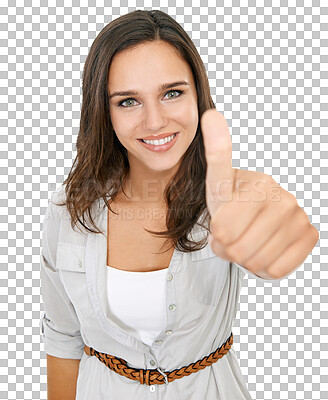 Buy stock photo Thumbs up, hands and portrait of woman with smile on isolated, png and transparent background. Thank you, success and face of female person with yes hand gesture for agreement, approval and good job