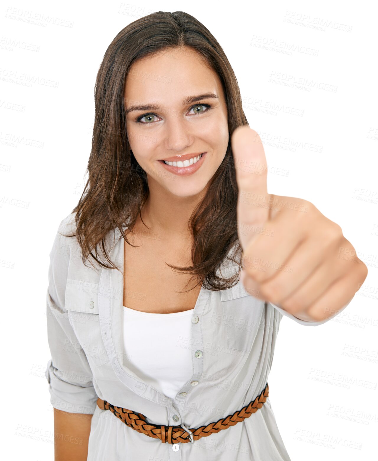 Buy stock photo Thumbs up, hands and portrait of woman with smile on isolated, png and transparent background. Thank you, success and face of female person with yes hand gesture for agreement, approval and good job