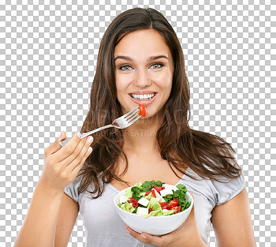 Buy stock photo Portrait of woman with salad, eating for health on isolated, png and transparent background. Vegan, healthy lifestyle and happy girl with vegetables for lunch for balance diet, nutrition and wellness