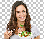 Health, nutrition and salad portrait of woman for wellness diet with cheerful and happy smile. Beautiful dieting model excited for healthy food lifestyle on isolated on png background.