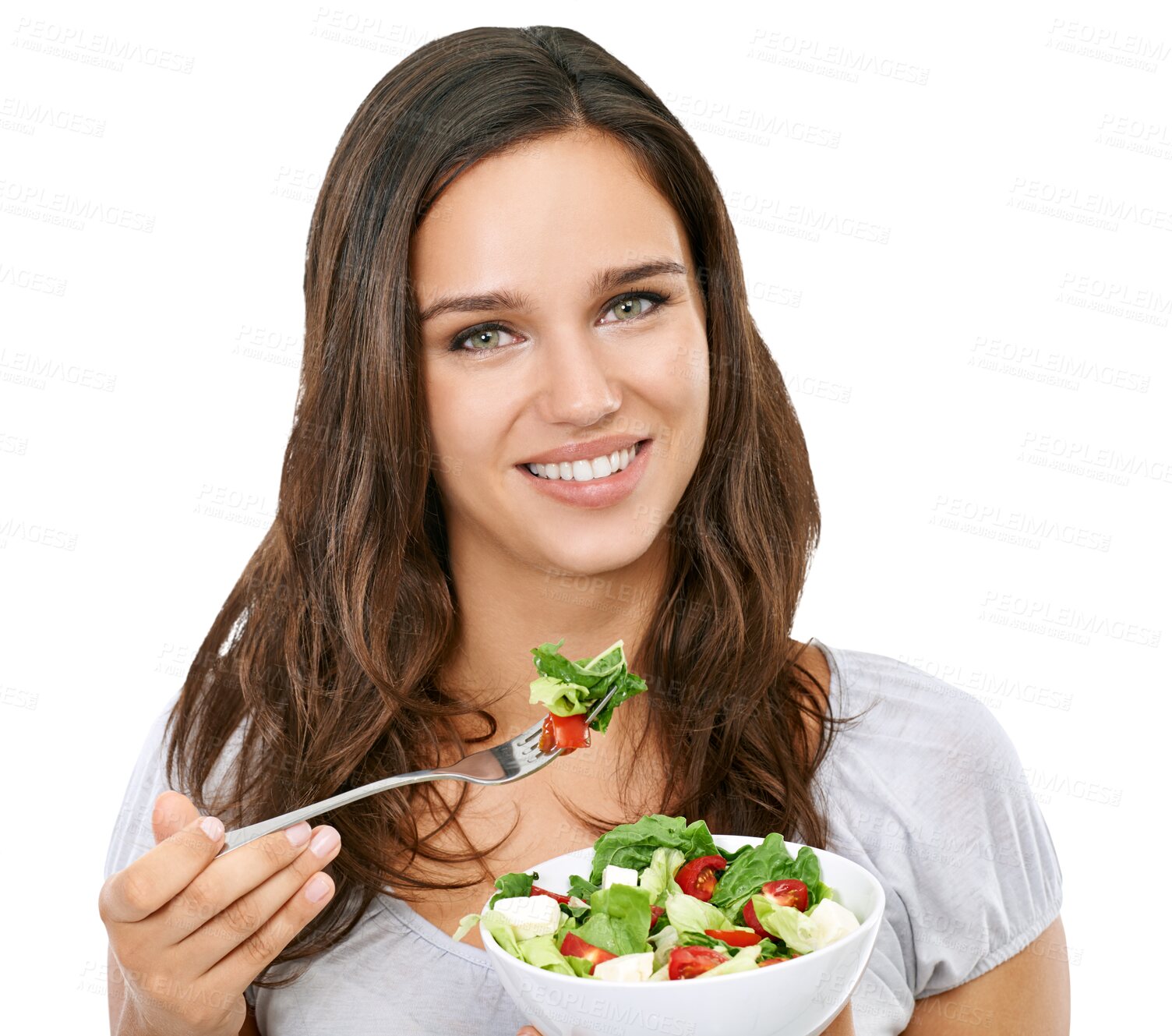 Buy stock photo Food, eating and portrait of woman with salad on isolated, png and transparent background. Vegan, healthy lifestyle and happy girl with vegetables for nutritional lunch for diet, detox and wellness