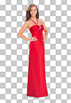 A Classy and portrait of a woman in a red dress for an event. Happy, fashion and model in a silk ball gown for a celebration on isolated on a png background