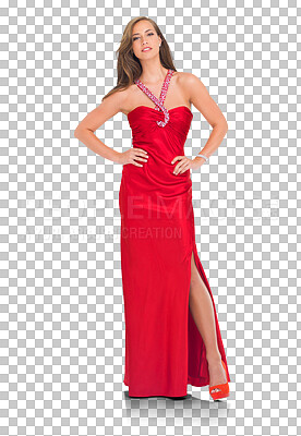 A Fashion, elegant and portrait of a woman with a beautiful, classy and luxury red dress. Beauty, fancy and female model in silk, fashionable and stylish outfit isolated on a png background