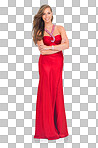 Fashion, elegant and woman in a dress in studio with beautiful, classy and luxury red outfit. Style, fancy and portrait of girl model in silk, trendy and stylish clothes isolated on a png background.