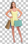 Portrait, fashion and woman with shopping bags in studio isolated on a png background. Black Friday discount, sales deals and happy female customer with gifts after buying at mall or retail store.