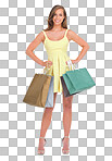 Fashion, portrait and woman with shopping bags in studio isolated on a png background. Black Friday, sales deals and happy, rich and wealthy female customer standing with gifts after buying at mall.