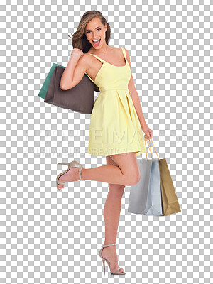 Buy stock photo Portrait, retail and woman with a smile, bags and shopping for expensive clothes isolated on a transparent background. Face, female person or wealthy shopper with happiness, png and boutique products