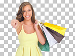 Portrait, fashion and woman with shopping bags pointing in studio isolated on a png background. Black Friday discount, face and happy female customer with gifts after buying at mall for sales deals.