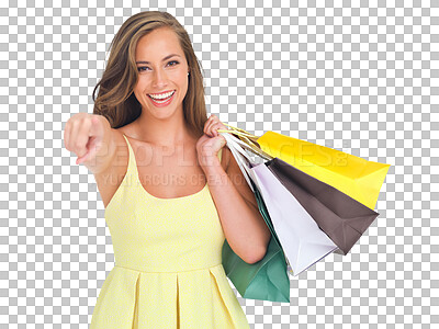 Portrait, fashion and woman with shopping bags pointing in studio isolated  on a png background. Black Friday discount, face and happy female customer  with gifts after buying at mall for sales deals.