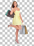 A Portrait, fashion shopping bags and woman in Black Friday, sales deals and happy, rich and wealthy female customer standing with gifts after buying at mall isolated on a png background