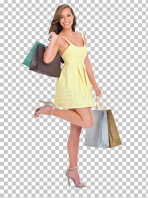 Buy stock photo Shopping bag, customer portrait and happy woman with fashion clothes, retail happiness or luxury boutique gift. Black Friday deal, fashionable and chic person isolated on transparent, png background