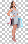 A Portrait, fashion and woman with shopping bags in Black Friday, sales deals and happy, rich and wealthy female customer standing with gifts after buying at mall isolated on a png background