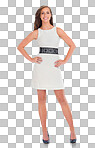 A Woman pose in portrait, smile with happiness and fashion, style and motivation Happy woman, fashion model and stylish with trendy dress and lifestyle mockup isolated on a png background