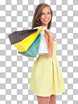 A Fashion, and portrait of woman with shopping bags Black Friday, sales deals and happy, rich and wealthy female customer standing with gifts after buying at mall isolated on a png background