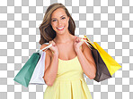 Face portrait, fashion and woman with shopping bags in Black Friday discount, sales deals or happy female customer with gifts after buying at mall or retail store isolated on a png background