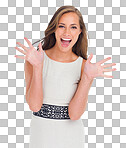 A Woman, smile portrait and jazz hands for dance happiness, surprise and party celebration Happy person, dancing and excited dancer or positive mindset energy isolated on a png background