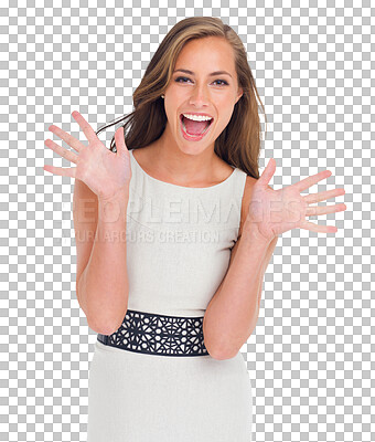 Buy stock photo Happy, surprise and portrait of woman excited for fashion discount deal, offer or celebrate success achievement. Celebration energy, wow and shocked person isolated on a transparent, png background