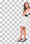 Business woman, lean back and portrait of a model happy about work with isolated on png background. Standing, full body and person ready for working with happiness and proud success isolated with mockup space