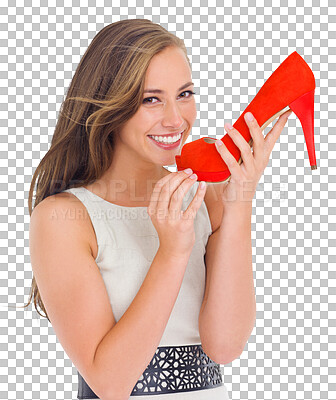 Portrait, fashion and heels with a woman in studioisolated on png background as a retail customer during a sale. Shopping, style and high heels with a young female holding shoes as a consumer
