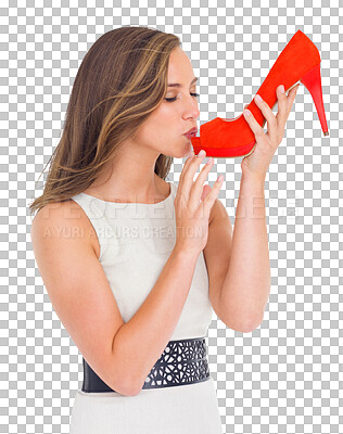 Buy stock photo Fashion, kiss and heels with a woman with a shoe isolated on a transparent png background. Retail, shopping and love with a female customer buying and kissing shoes for happiness and boutique sale