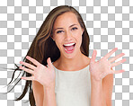 Portrait, wow and a woman excited in studioisolated on png background with a surprise hand gesture. Hands, motivation and winner with an attractive young female in celebration on blank space