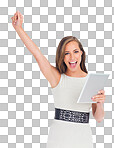 Success, celebration and business woman with tablet in studio isolated on png background. Winner, touchscreen and face portrait of female celebrating goals, target or victory, lottery or winning.