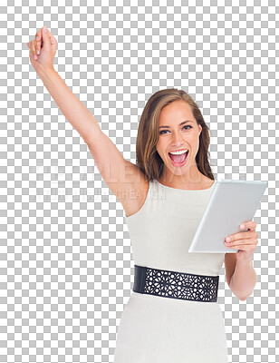 Buy stock photo Tablet, winner portrait and happy woman celebrate achievement, business deal or winning announcement. Celebration energy, victory cheers and excited person isolated on a transparent, png background