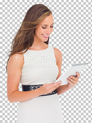 Tablet, smile and business woman on social media in Technology, relax and happy female from Canada streaming video, movie or internet browsing on touchscreen isolated on a png background