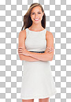 Fashion, classy and business woman in studio with a formal, luxury and fancy dress. Happy, smile and female model from Canada with a stylish, corporate and elegant outfit isolated on png background