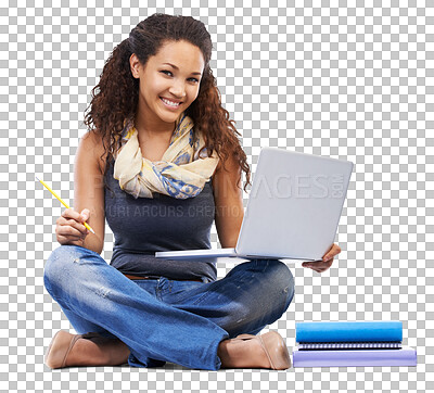 Woman, student and studying on a laptop for education, knowledge or scholarship against isolated on a png background. Portrait of isolated female learner with computer learning with study books and tech