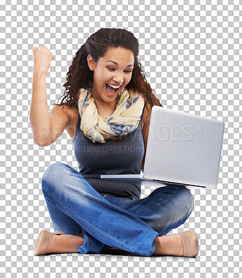 Buy stock photo Student, woman and winning on laptop isolated on a transparent, png background for university results or success. Happy person with fist, wow and celebration news of college application on computer